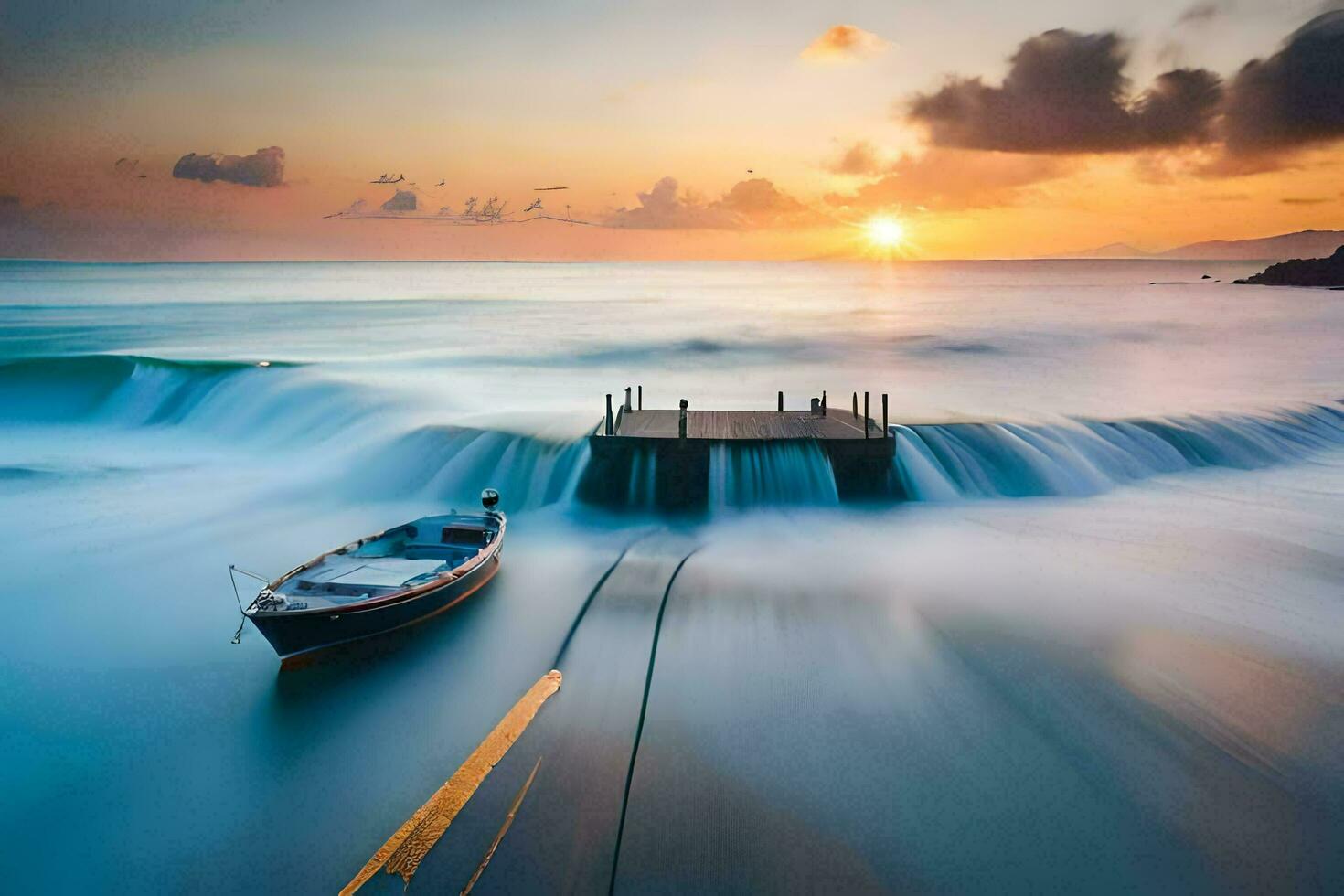 a boat sits on the shore of a river at sunset. AI-Generated photo