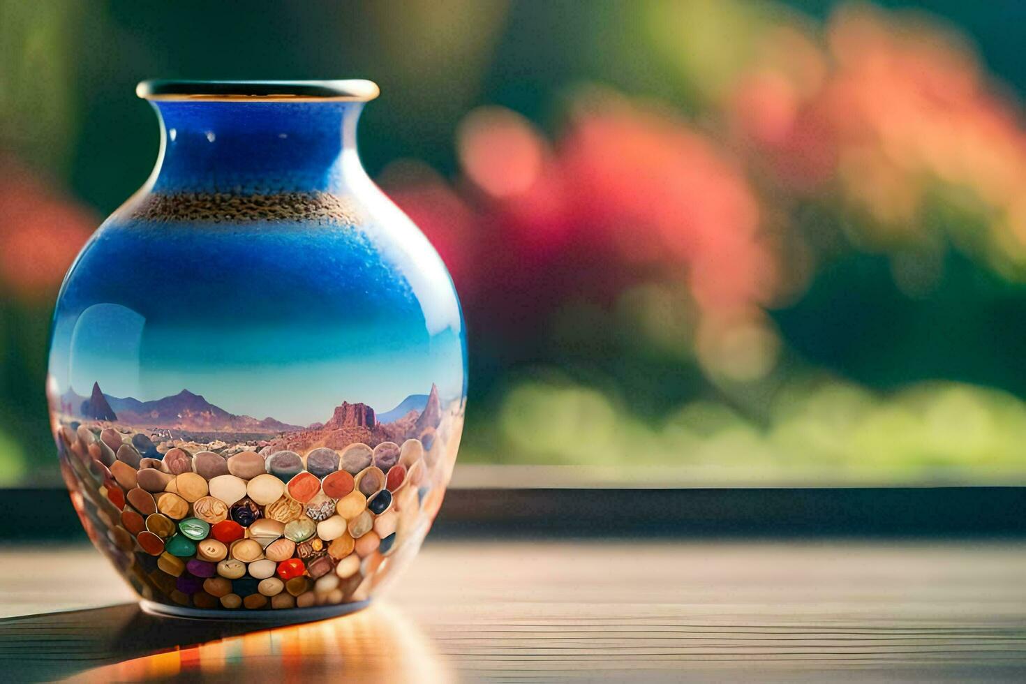 a vase with colorful dots on it sitting on a table. AI-Generated photo