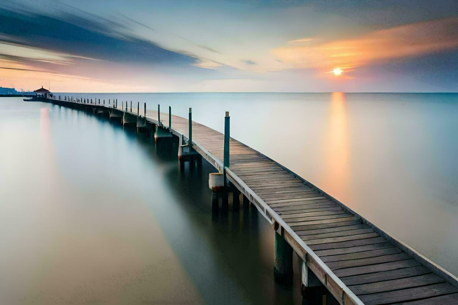 a long exposure photograph of a pier in the ocean. AI-Generated photo