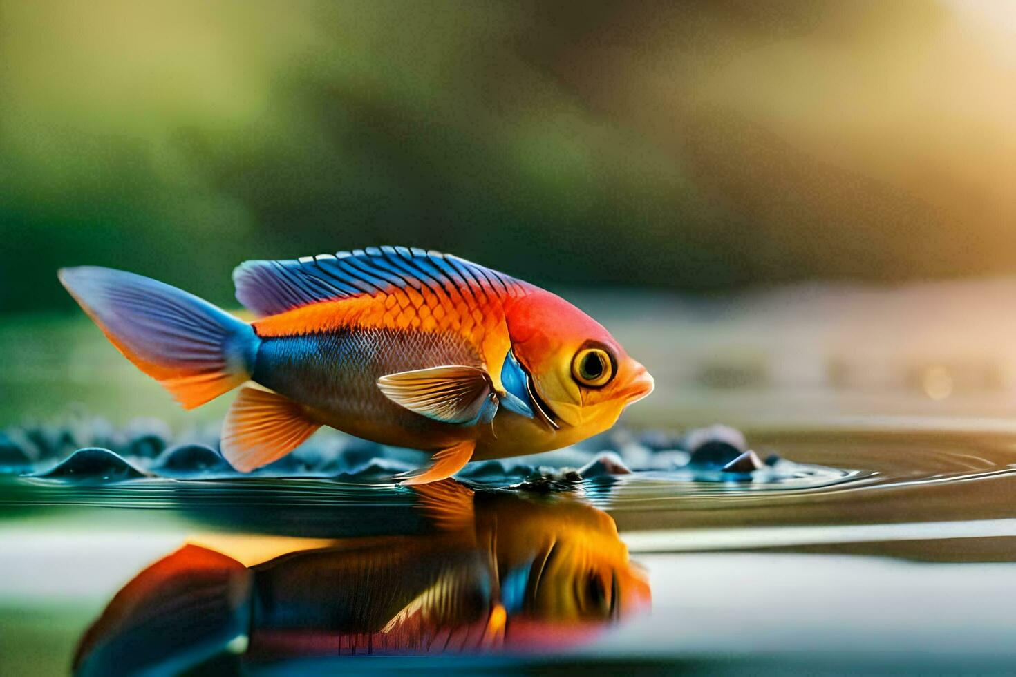 a fish is standing in the water with its reflection. AI-Generated photo