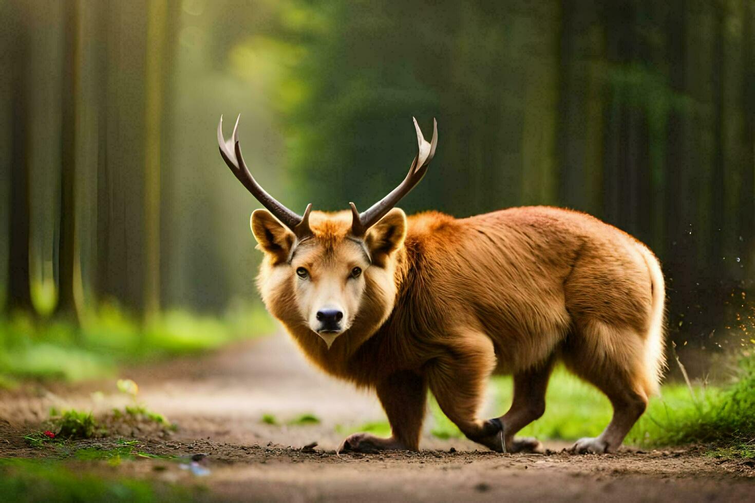 un ciervo con cuernos caminando abajo un suciedad la carretera. generado por ai foto