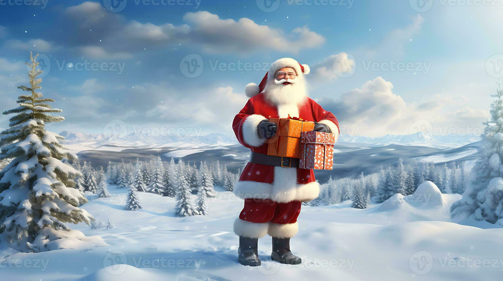 Cheerful santa claus with presents Standing vector art generated by Ai photo