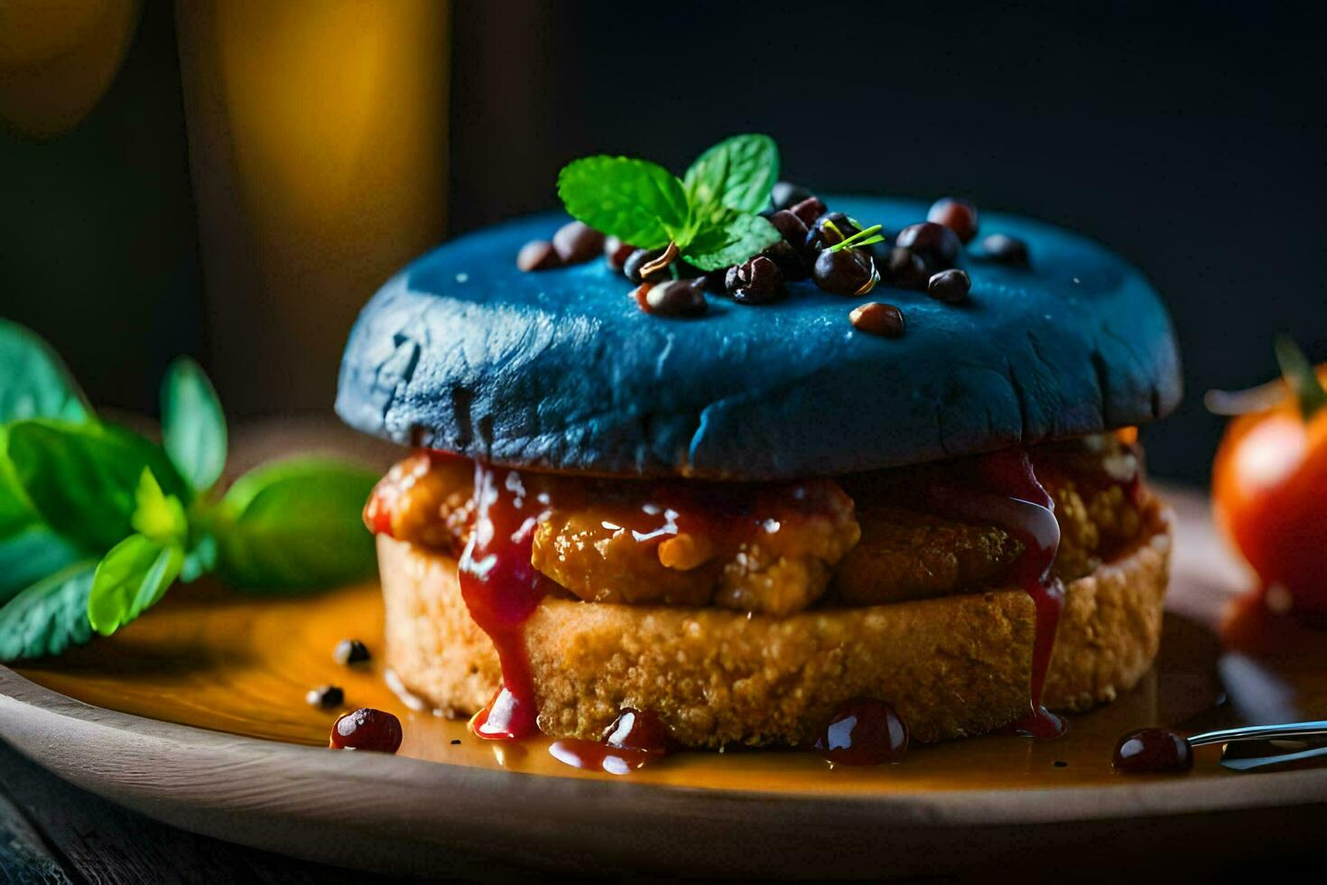 a burger with blue cheese and tomato on a wooden plate. AI-Generated photo