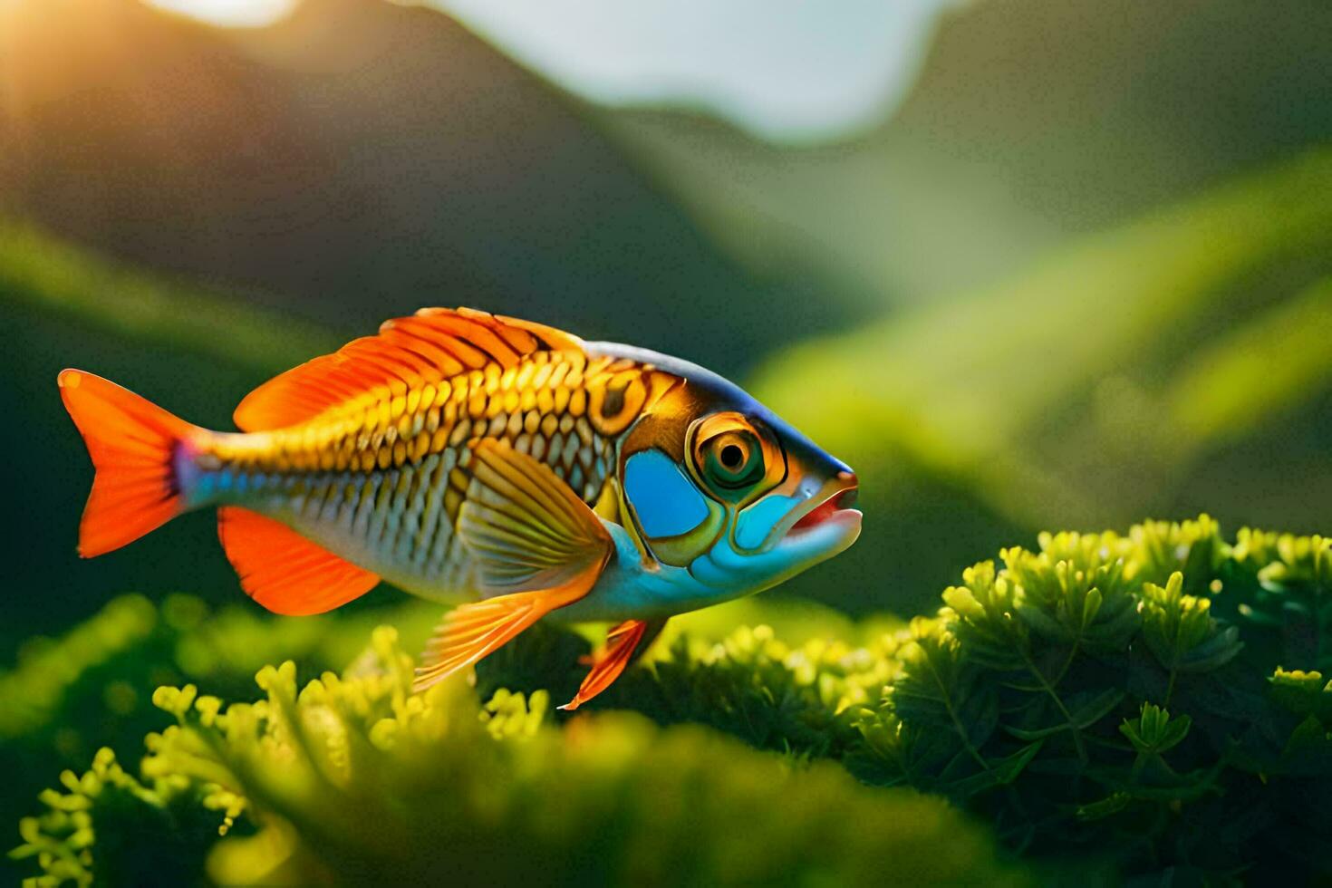 a fish is standing on top of green grass. AI-Generated photo