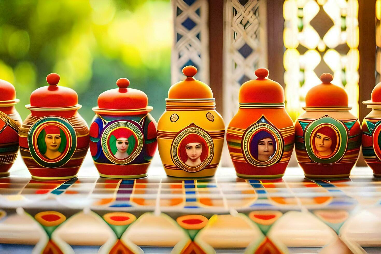 colorful jars with painted faces on them are lined up. AI-Generated photo