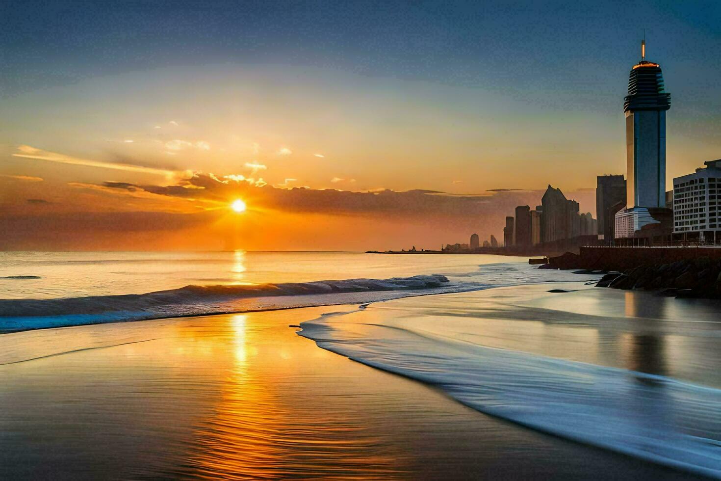 the sun sets over the ocean and a city skyline. AI-Generated photo