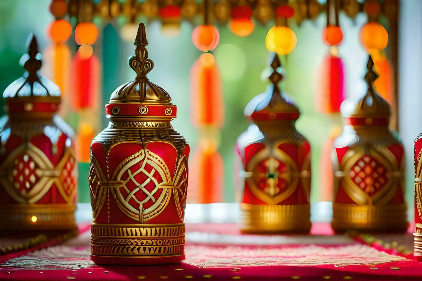 many red and gold vases are lined up on a table. AI-Generated photo