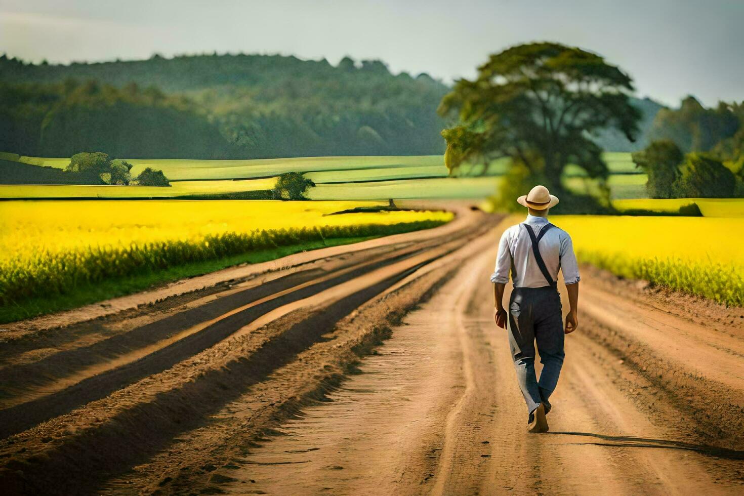 un hombre en un sombrero y tirantes caminando abajo un suciedad la carretera. generado por ai foto