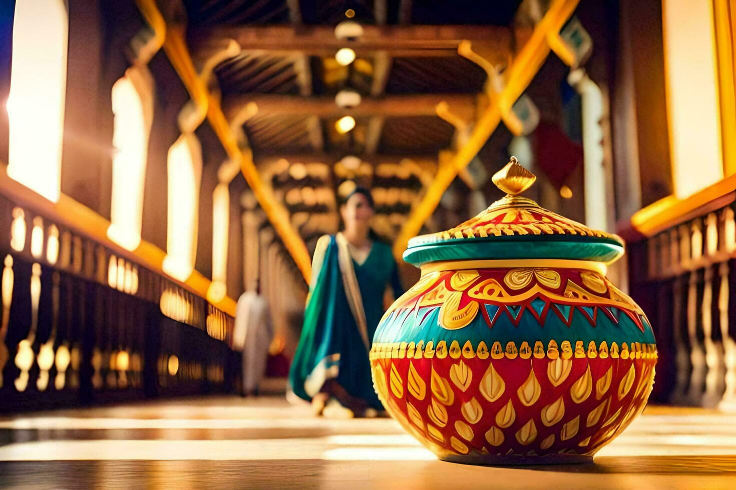 a colorful pot sitting on a wooden floor. AI-Generated photo