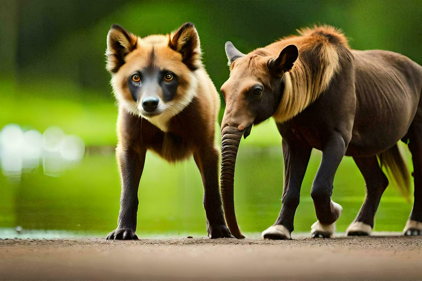 two wild animals standing next to each other. AI-Generated photo