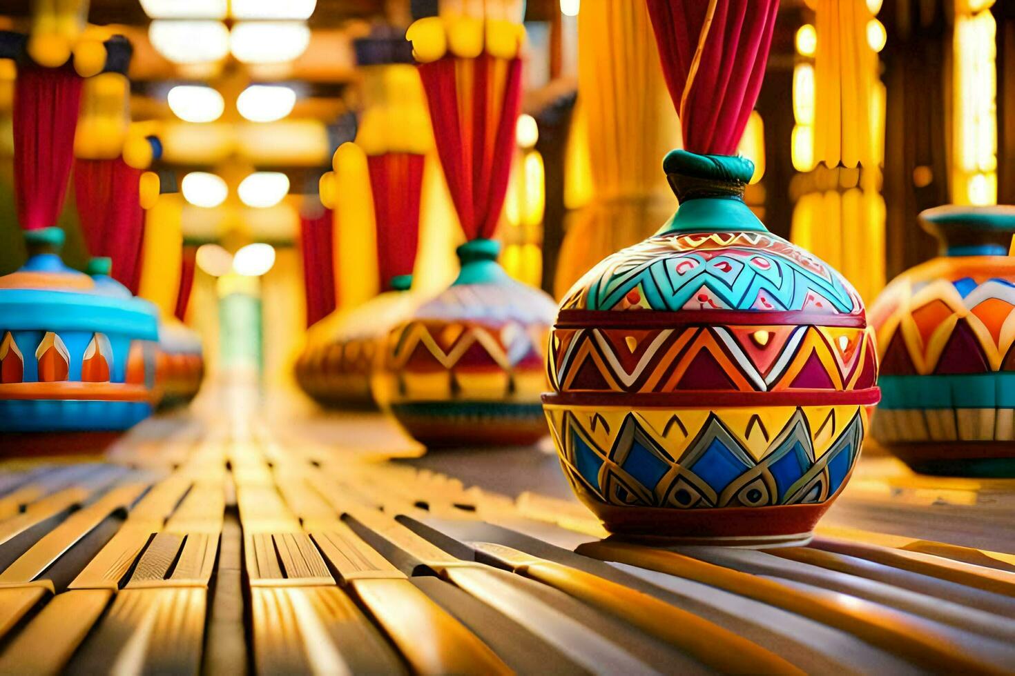 colorful vases are lined up on a wooden floor. AI-Generated photo