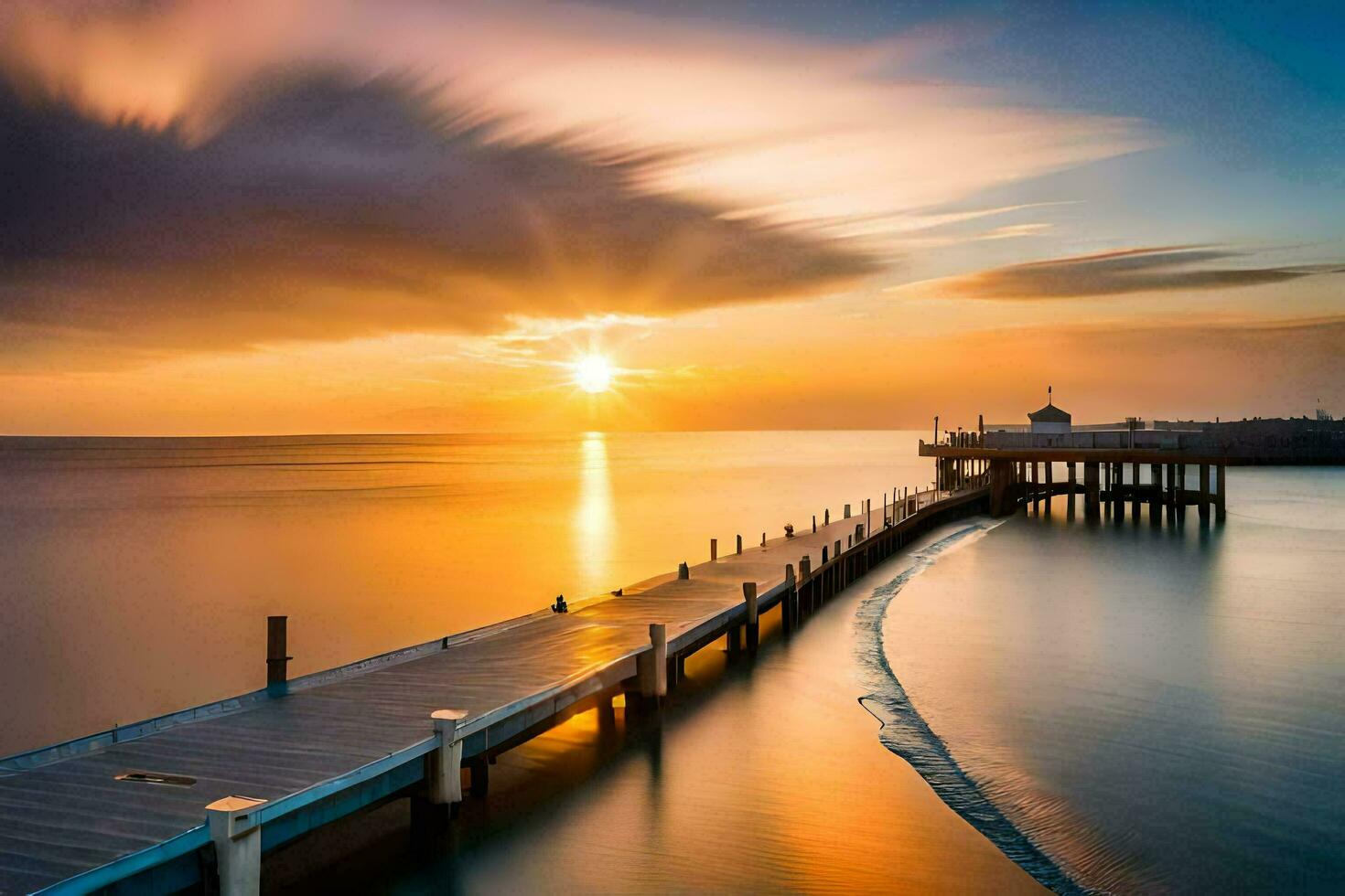 a pier at sunset with a long exposure. AI-Generated photo