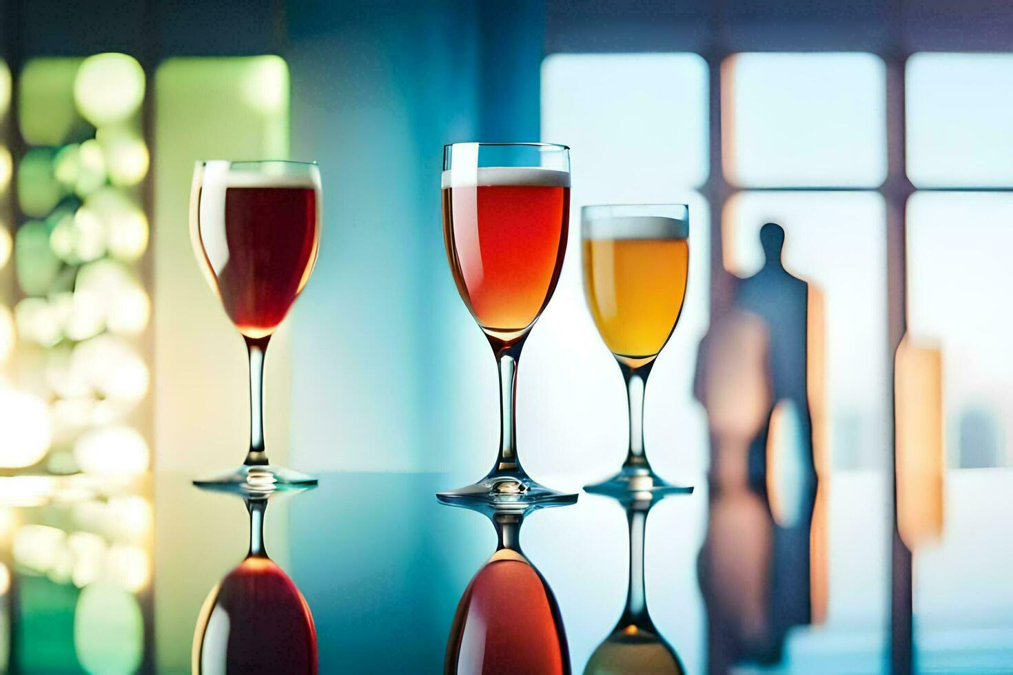 three glasses of different colored drinks on a table. AI-Generated photo