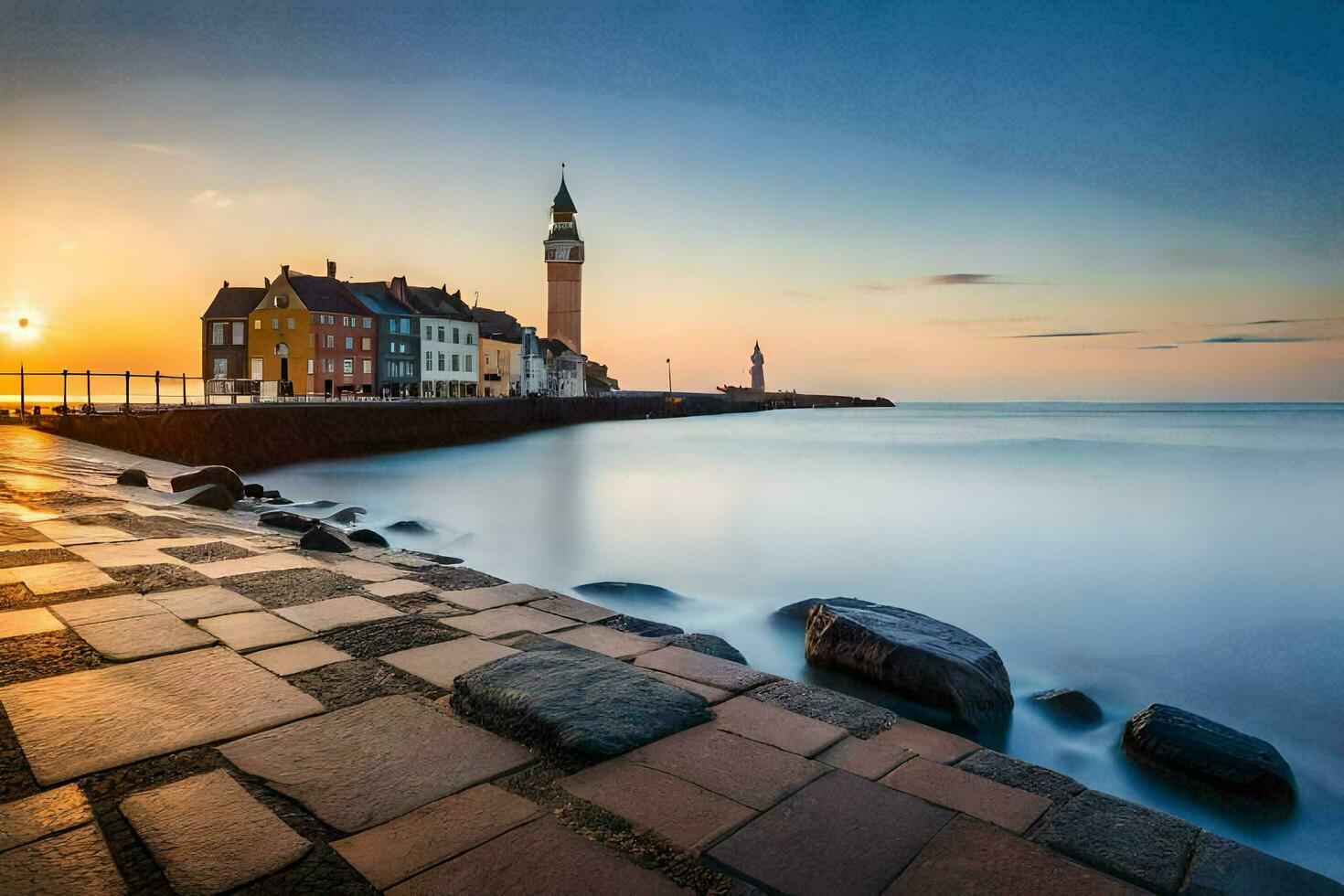 un puesta de sol terminado el mar con un reloj torre en el antecedentes. generado por ai foto