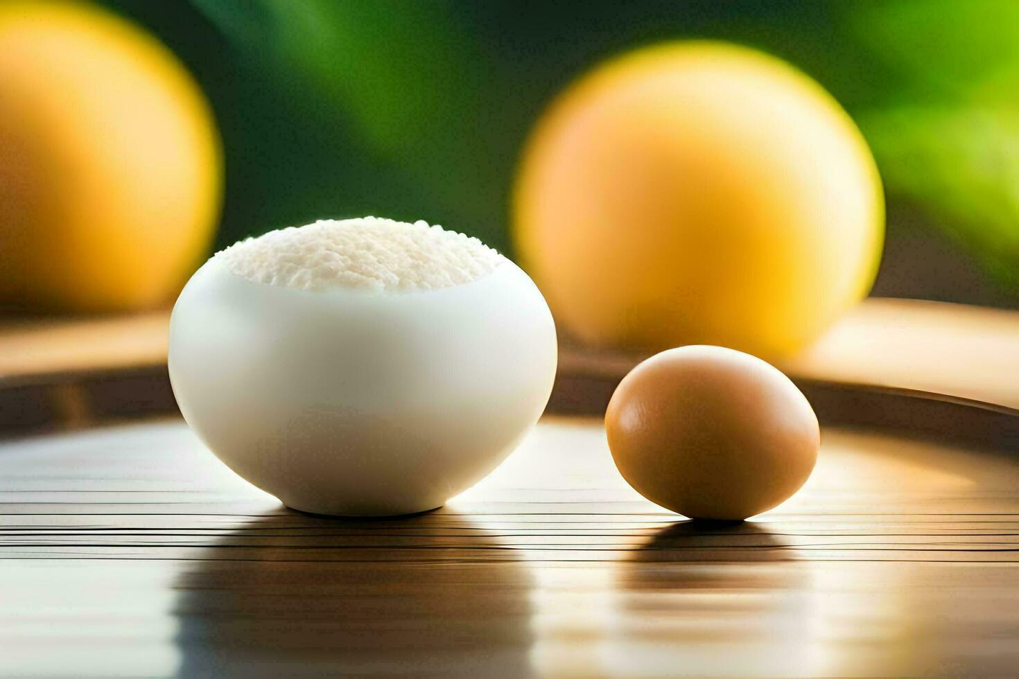 an egg and a rice ball sit on a table. AI-Generated photo