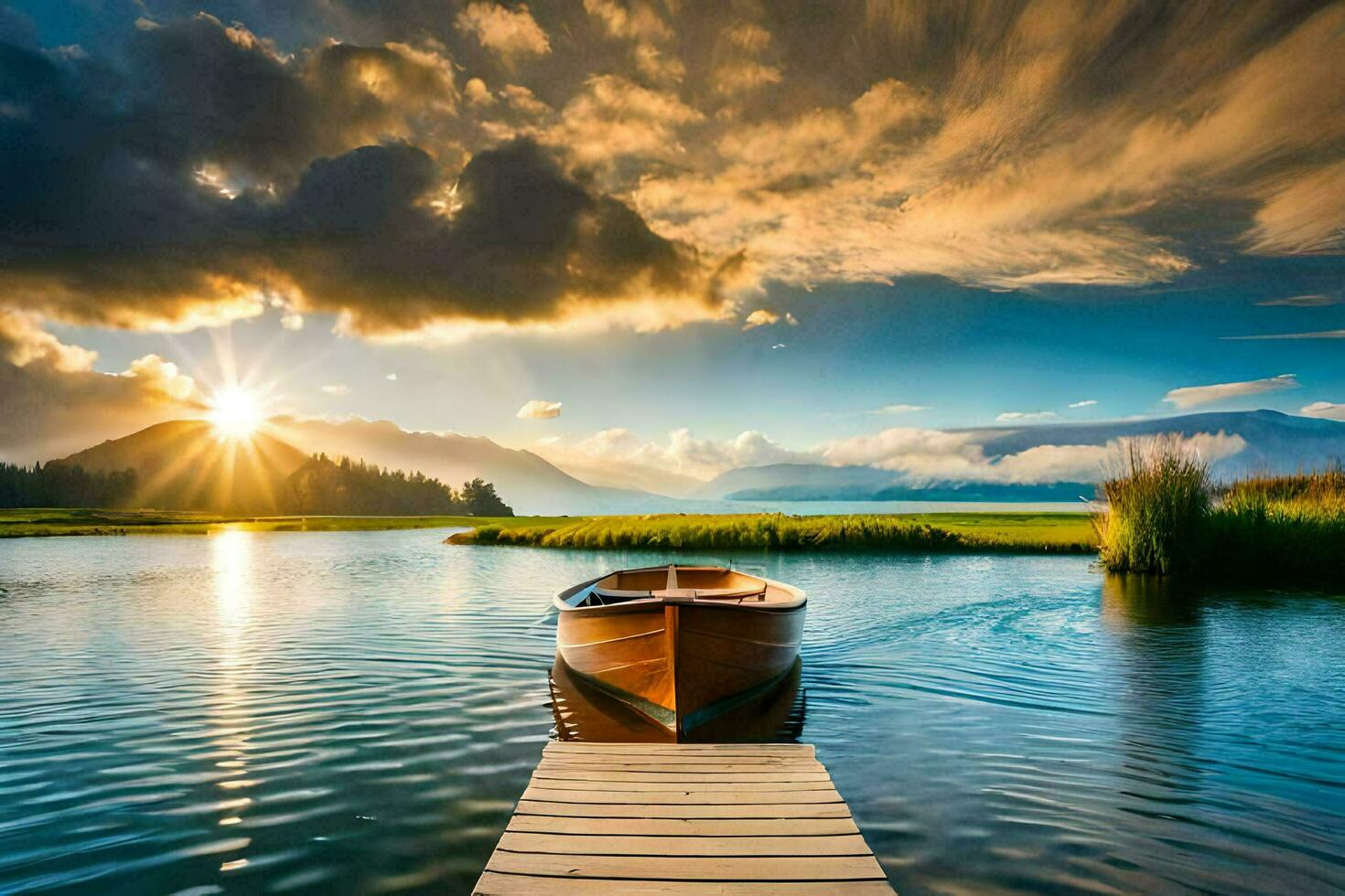 the boat is floating on the lake. AI-Generated photo
