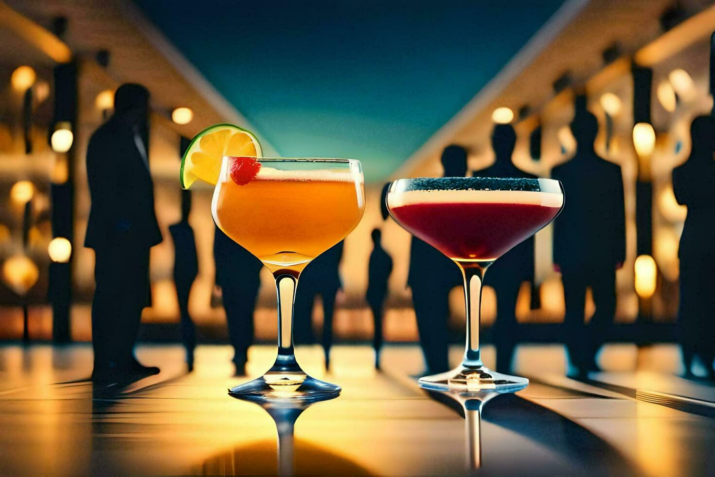 two glasses of cocktails with people in the background. AI-Generated photo