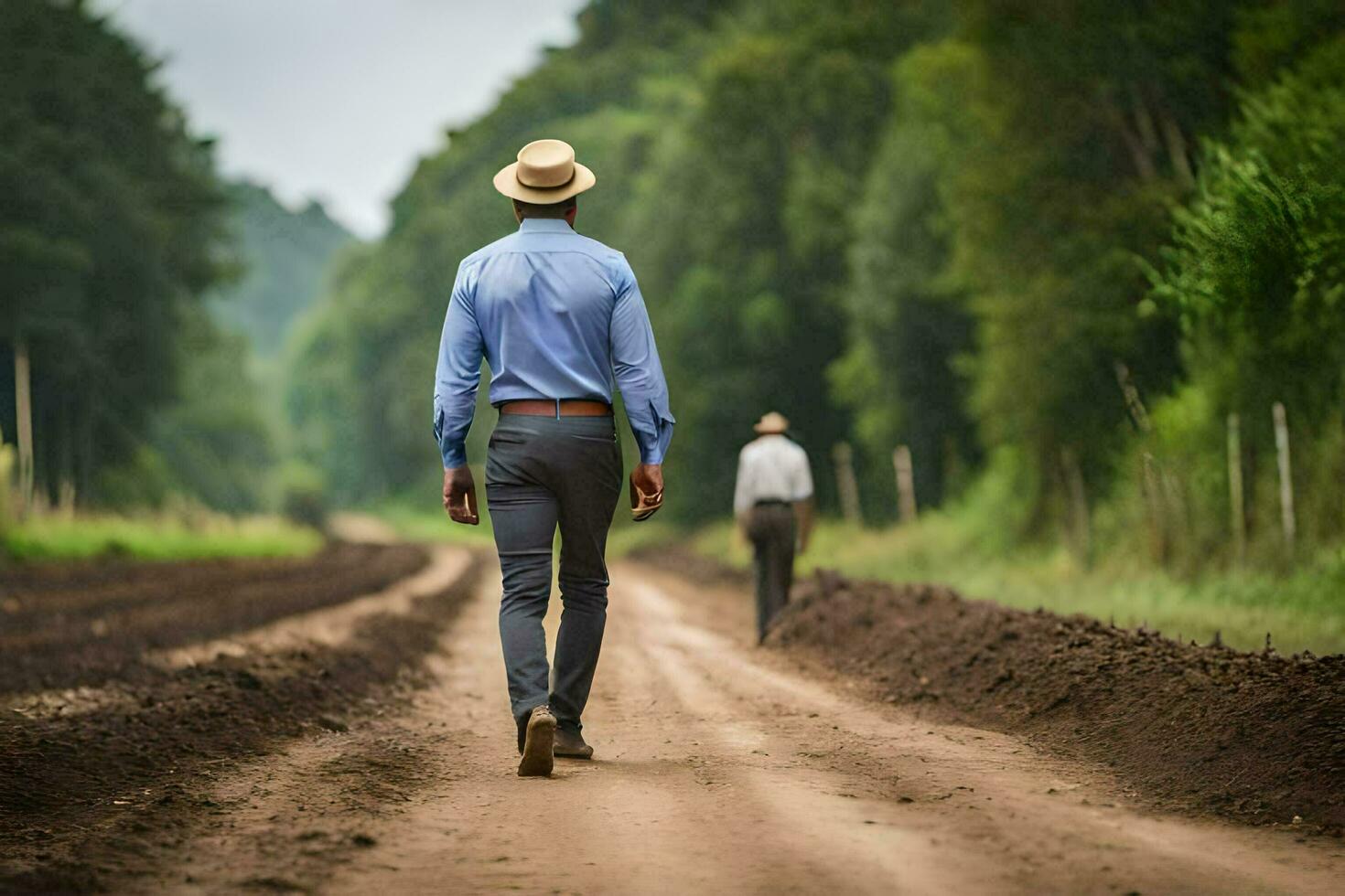 un hombre en un sombrero y camisa caminando abajo un suciedad la carretera. generado por ai foto