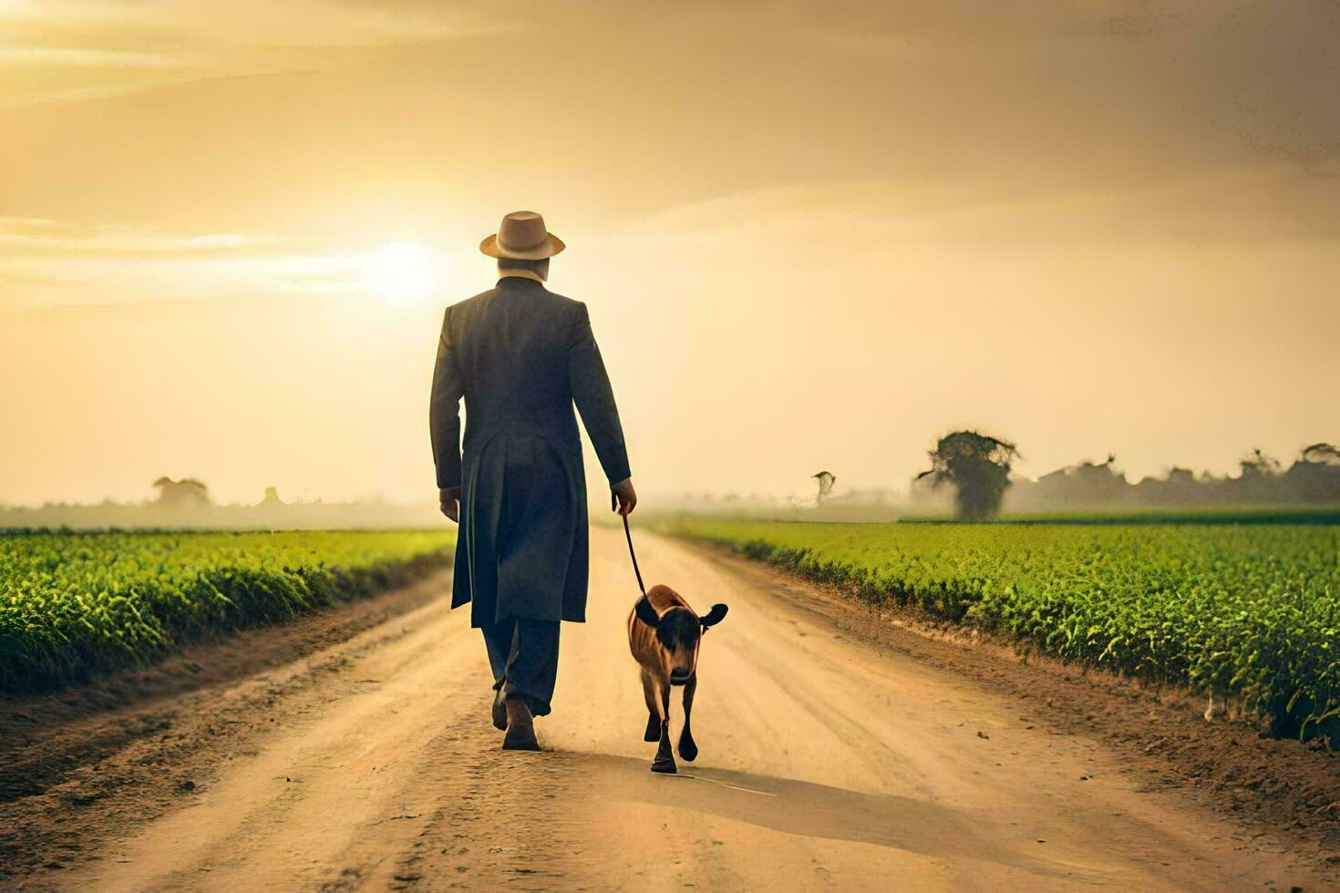 un hombre caminando su perro abajo un suciedad la carretera. generado por ai foto