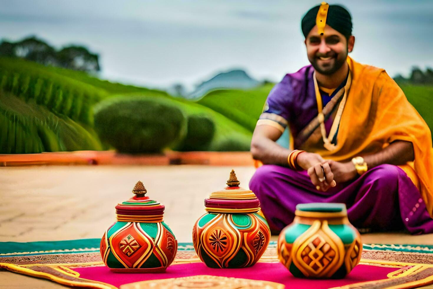 a man in traditional indian attire sits on the ground with three colorful pots. AI-Generated photo