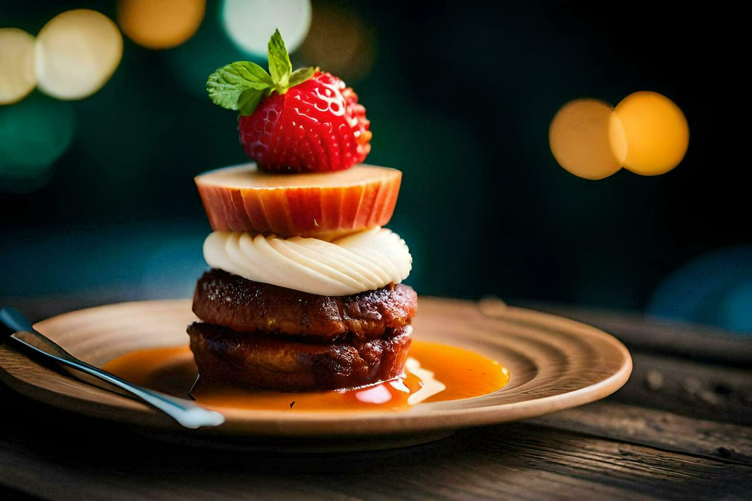 a plate with a dessert and a strawberry. AI-Generated photo