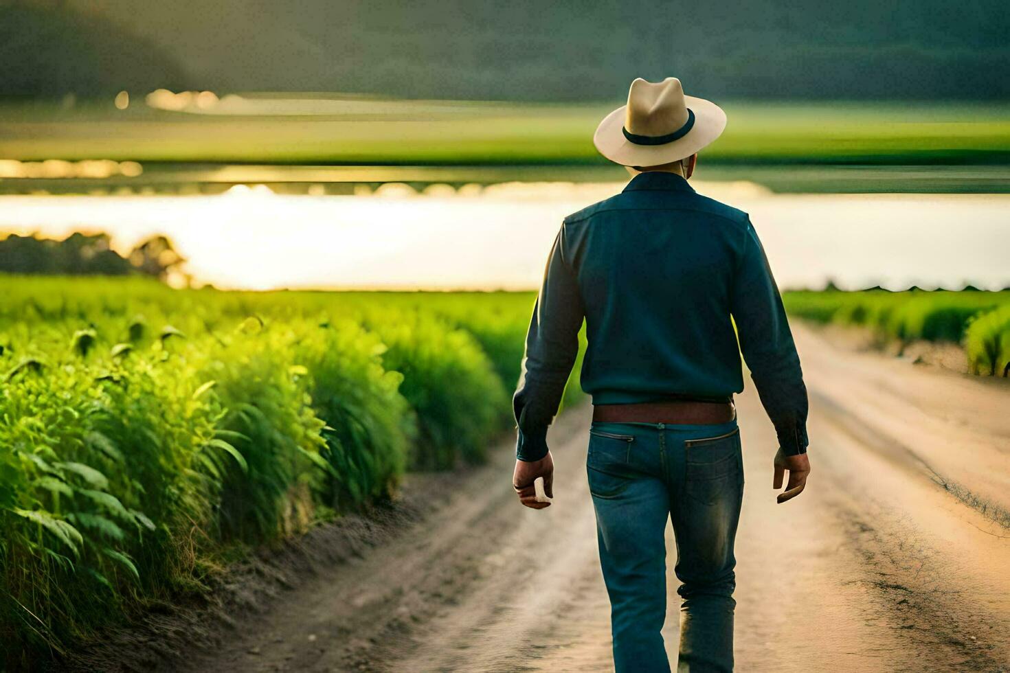 a man in a hat walks down a dirt road. AI-Generated photo