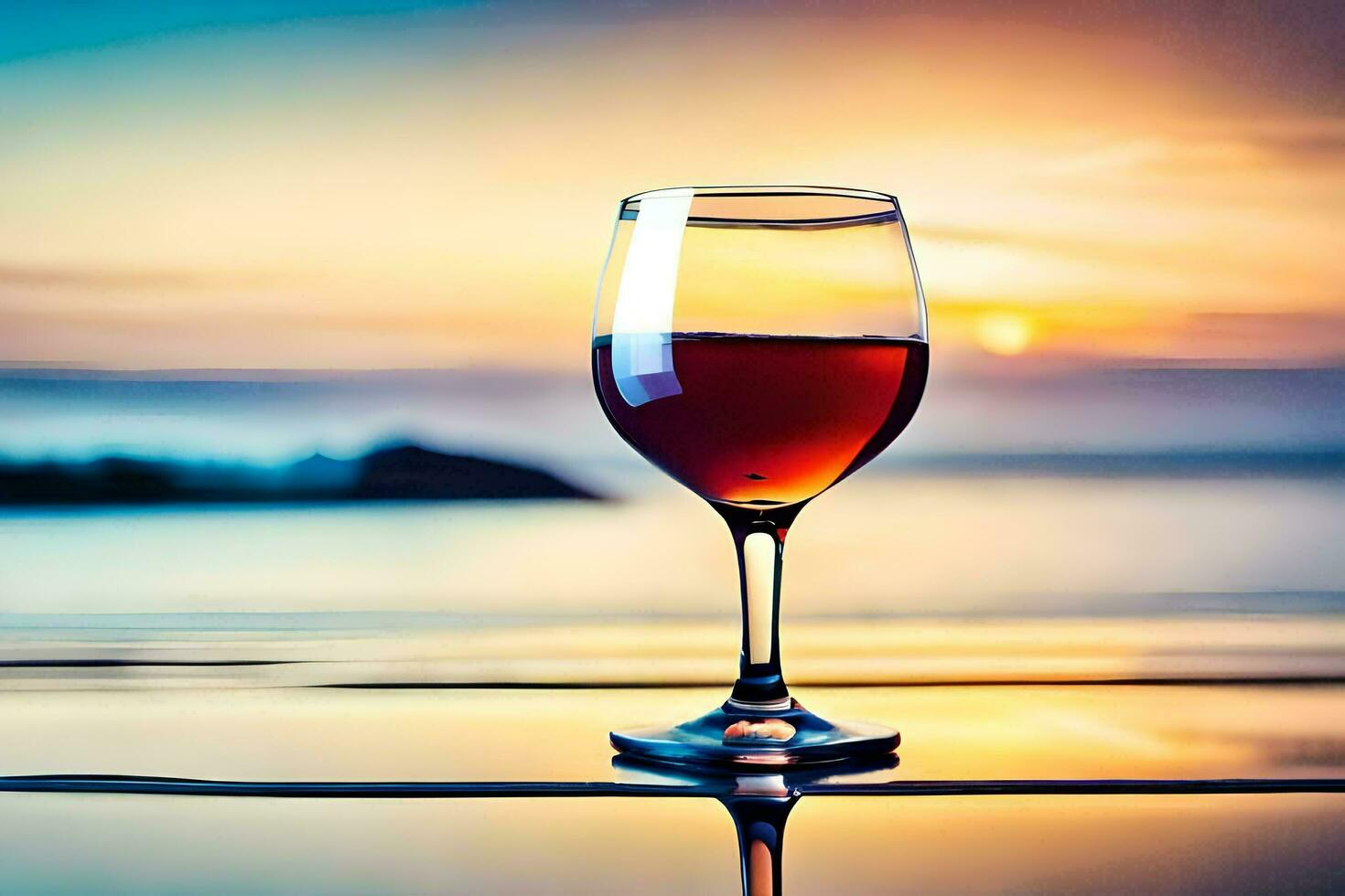 vaso de vino en el playa a puesta de sol. generado por ai foto