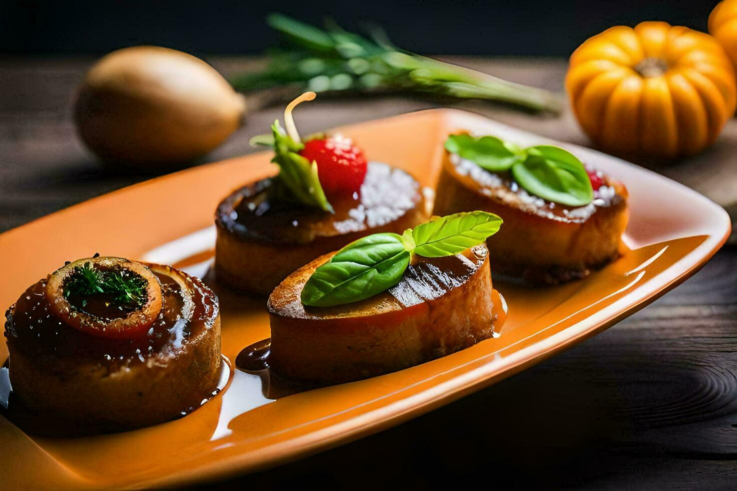 three small pieces of meat on an orange plate. AI-Generated photo