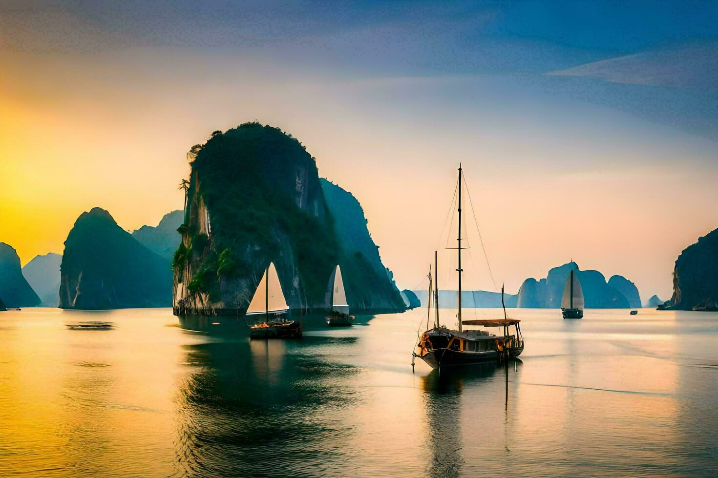 barcos en el agua a puesta de sol con montañas en el antecedentes. generado por ai foto