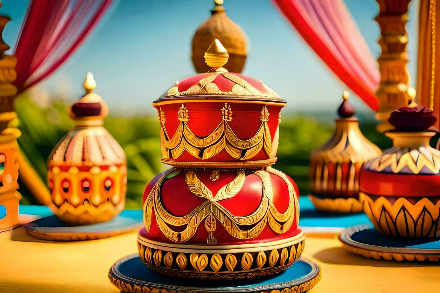 a table with several colorful vases on it. AI-Generated photo