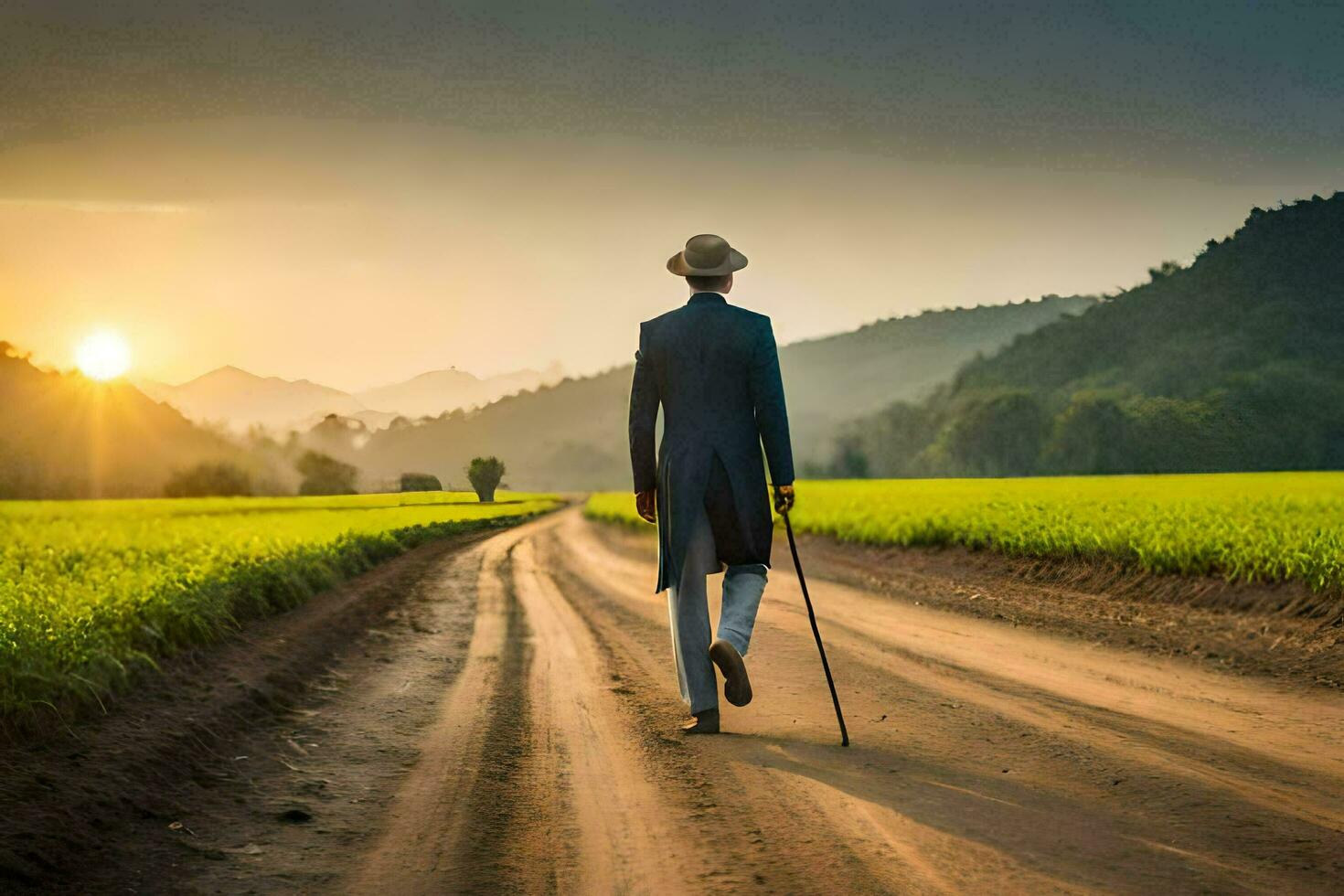 a man in a suit walking down a dirt road. AI-Generated photo