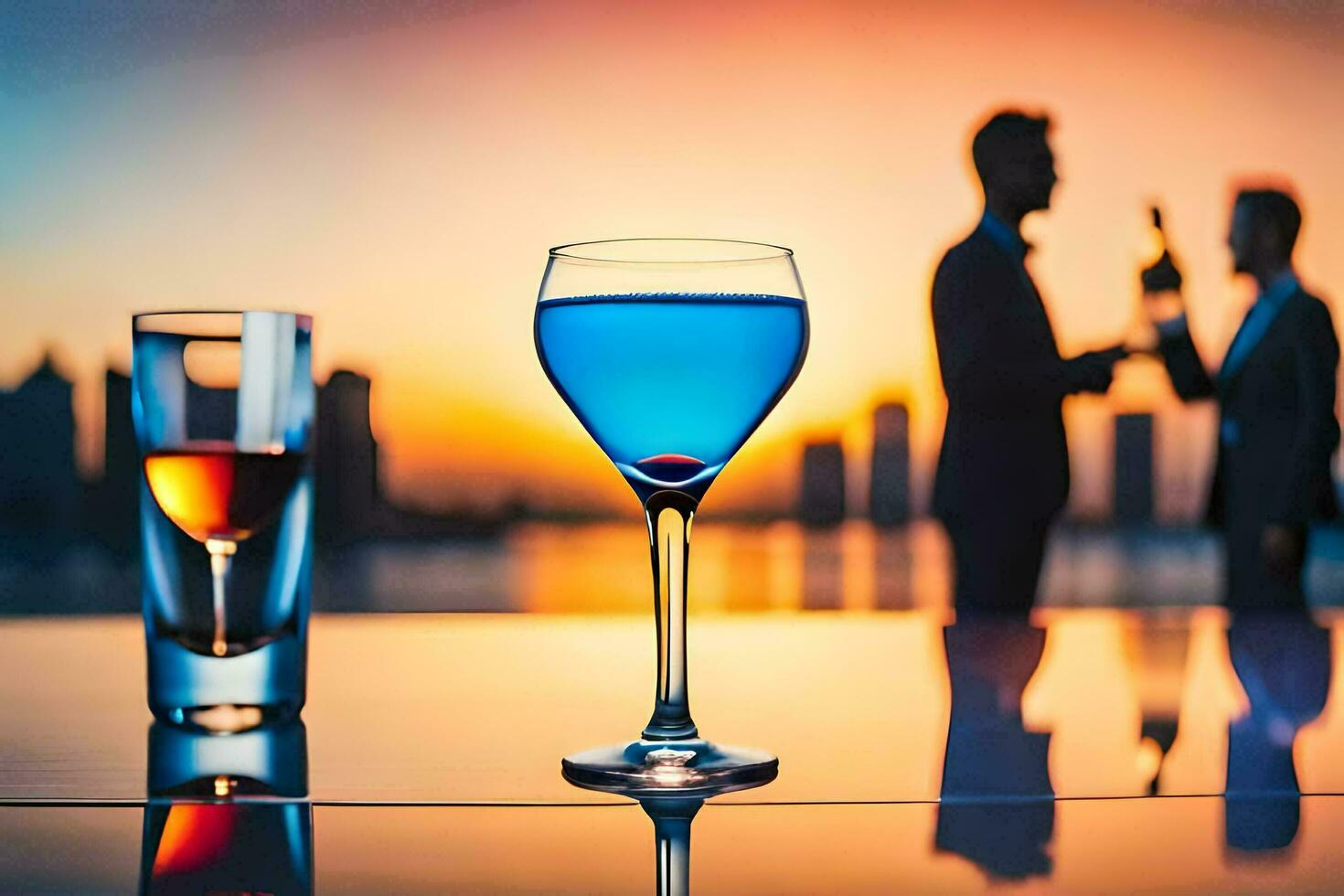 a glass of blue liquid with a sunset in the background. AI-Generated photo