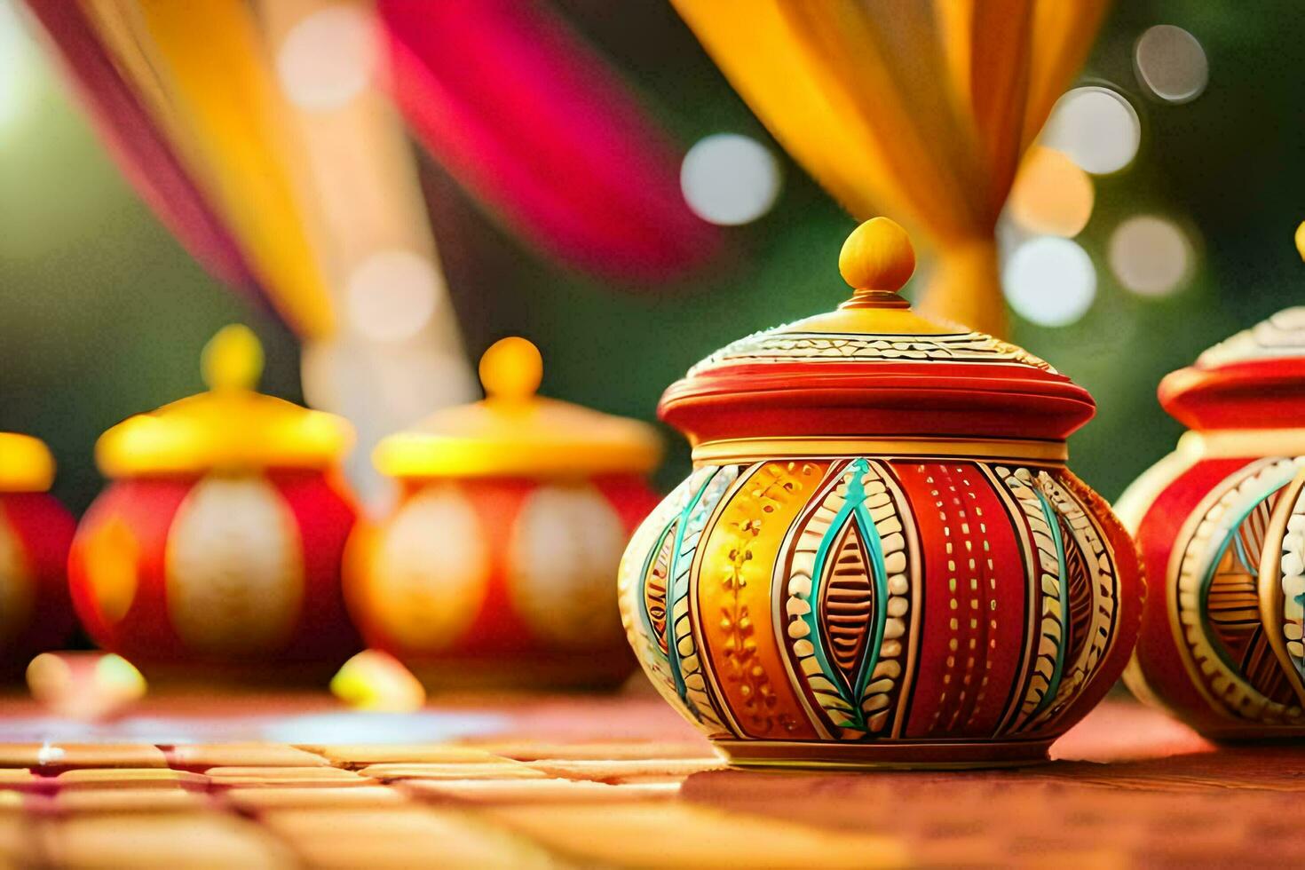 colorful pots sitting on a table with colorful curtains. AI-Generated photo