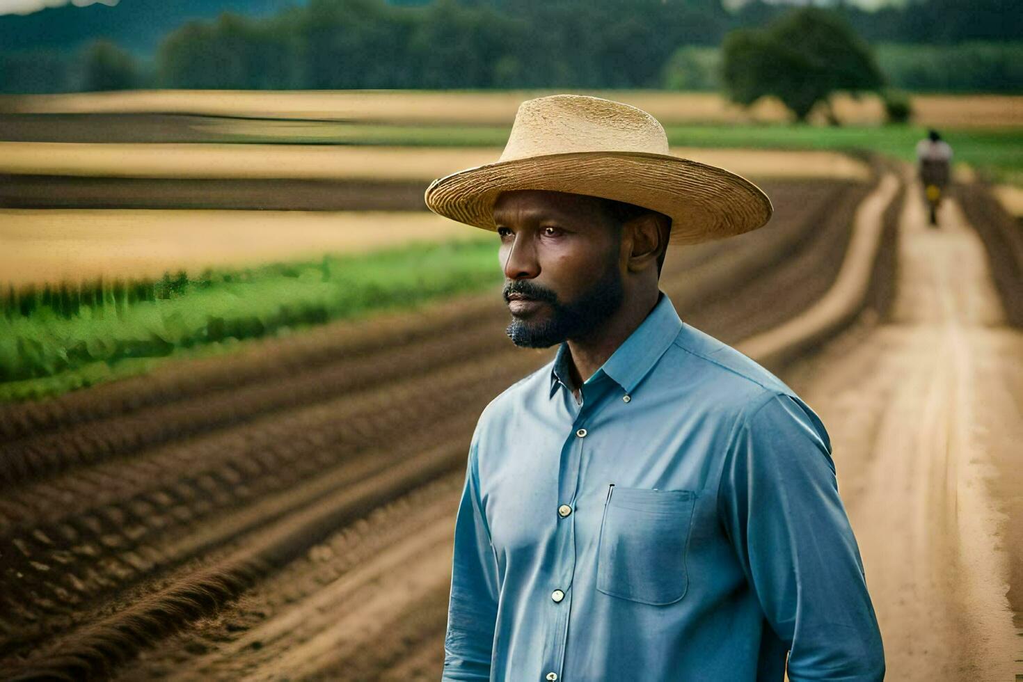 a man in a hat stands in a field. AI-Generated photo