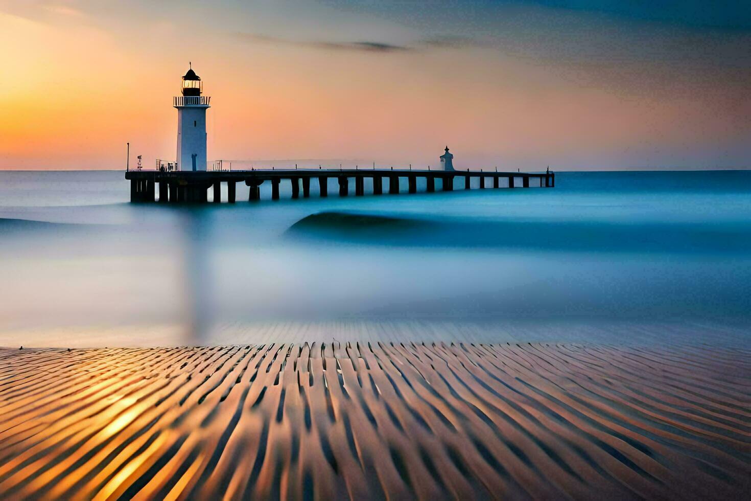 a lighthouse stands on the beach at sunset. AI-Generated photo