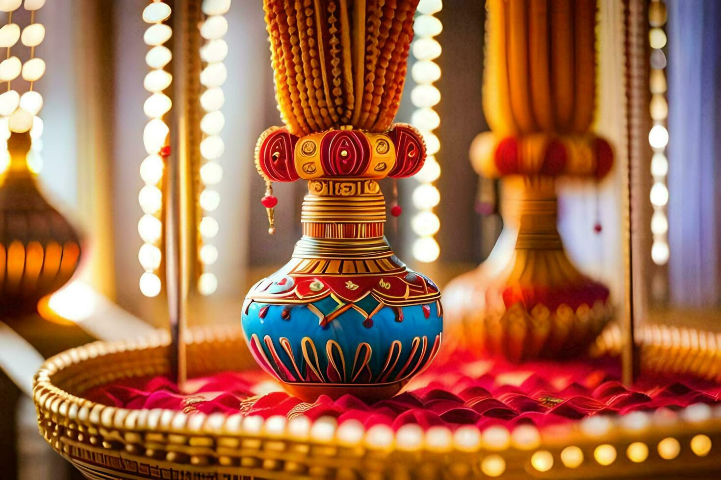 a colorful vase with a gold and red design. AI-Generated photo