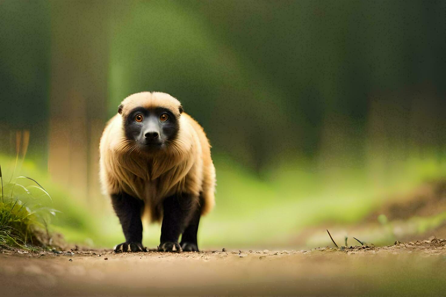 a brown bear walking on a dirt road. AI-Generated photo