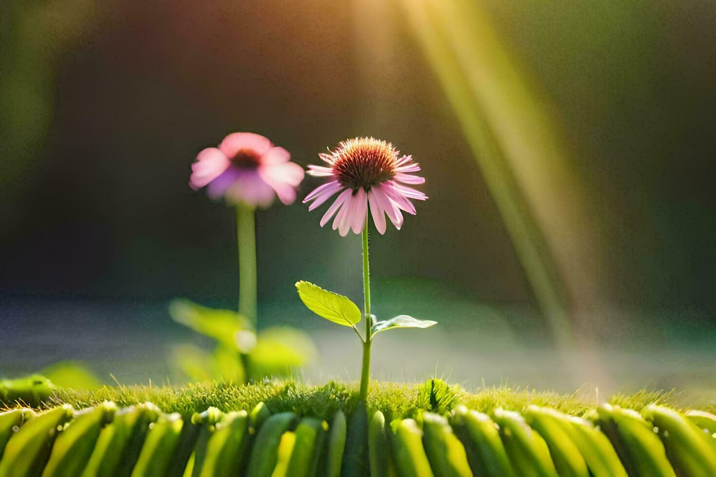 two pink flowers growing out of a green grassy field. AI-Generated photo