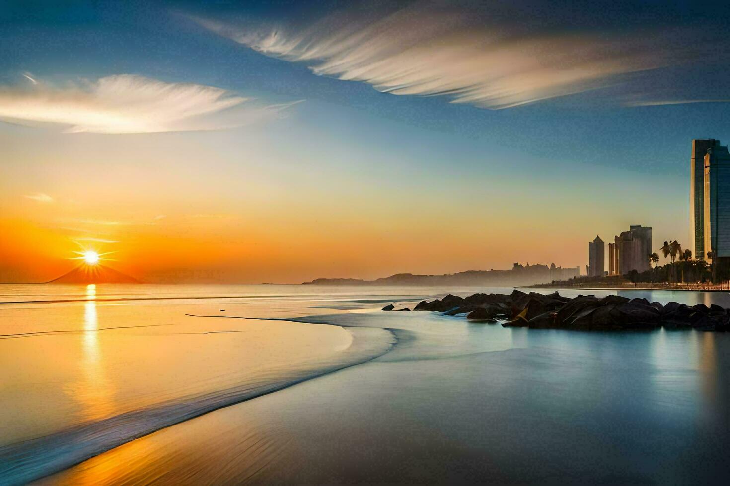 the sun sets over the ocean and buildings in the background. AI-Generated photo