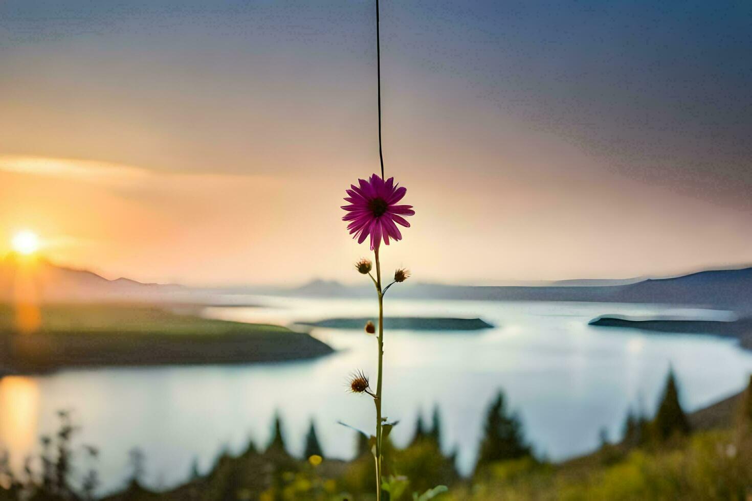 a flower is hanging from a pole in front of a lake. AI-Generated photo