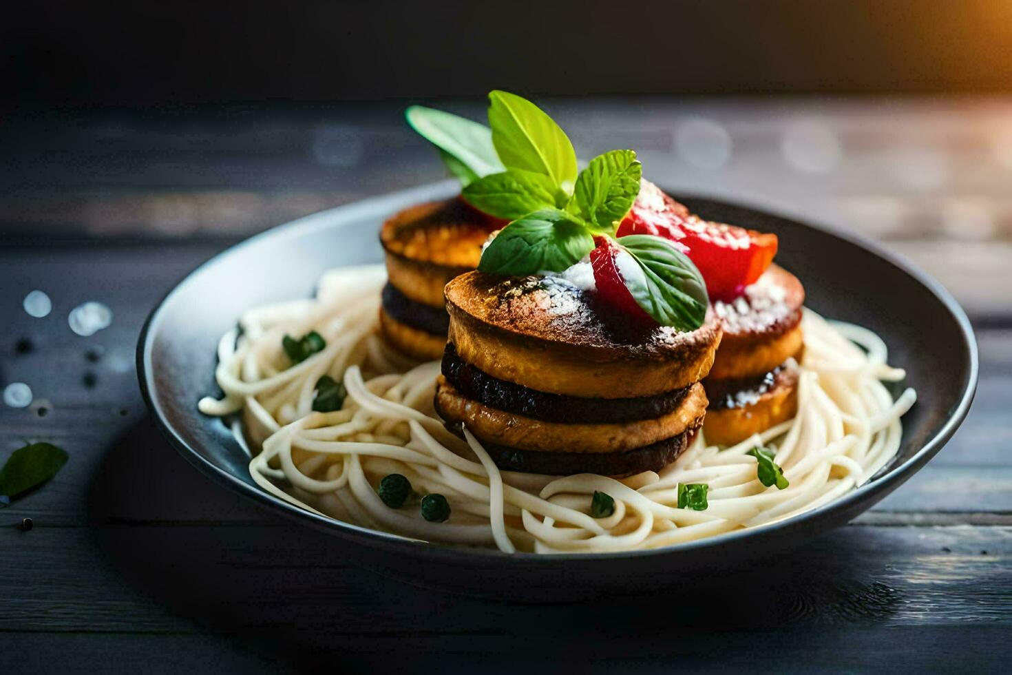 a plate of spaghetti with meatballs and herbs. AI-Generated photo