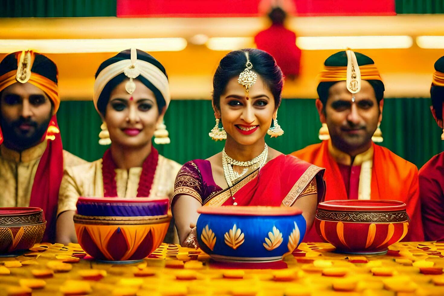 a group of people in indian attire are smiling and holding bowls. AI-Generated photo