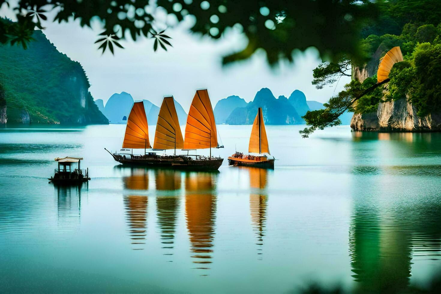 Tres barcos en el agua con montañas en el antecedentes. generado por ai foto