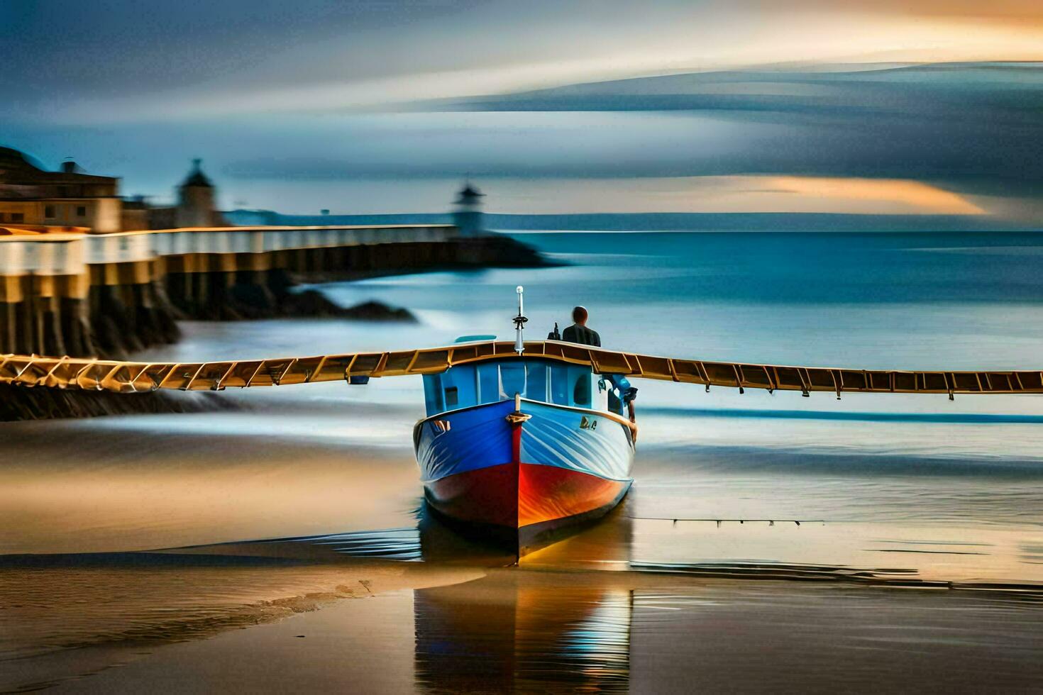 a boat sits on the beach at sunset. AI-Generated photo