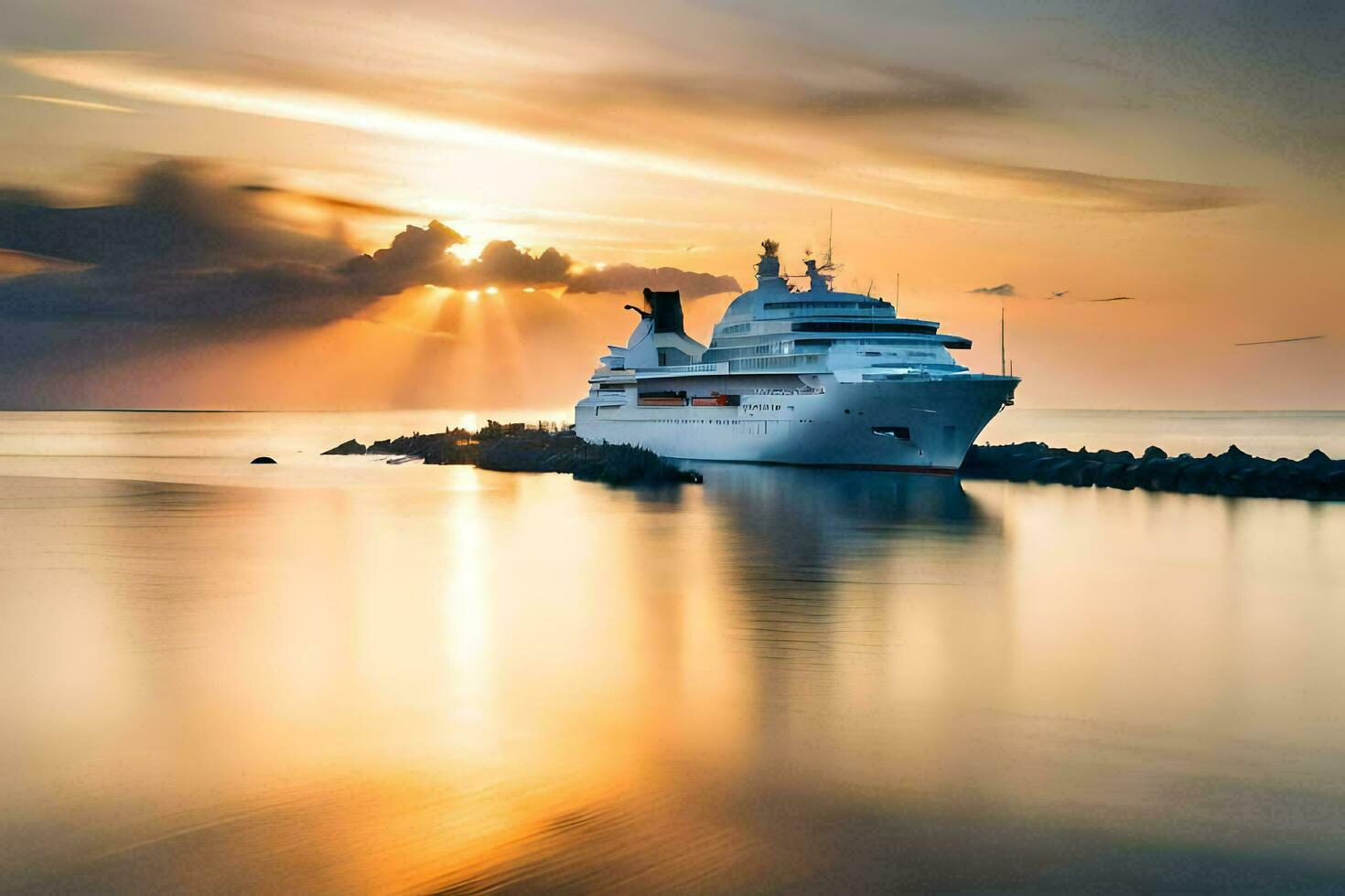 un crucero Embarcacion en el Oceano a puesta de sol. generado por ai foto