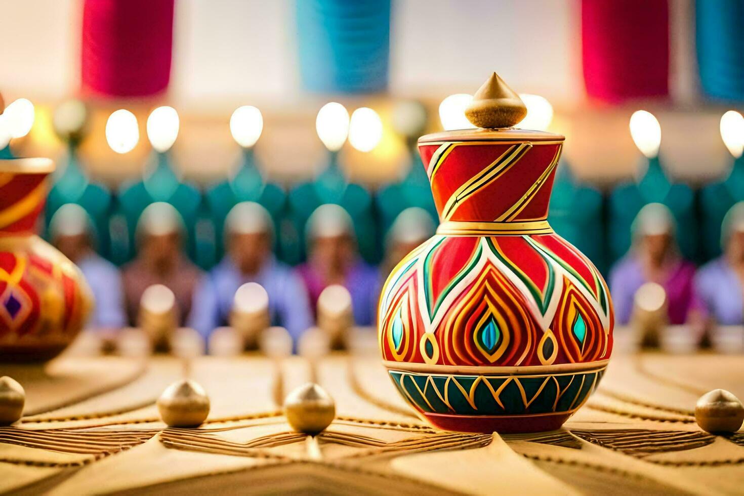 a colorful vase with candles on a table. AI-Generated photo