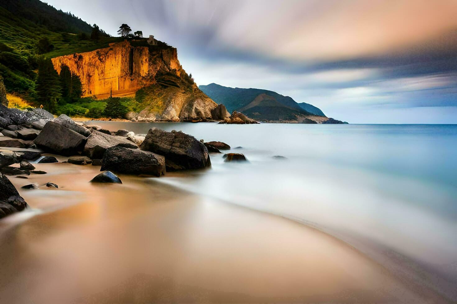 a long exposure photograph of a rocky beach and cliffs. AI-Generated photo