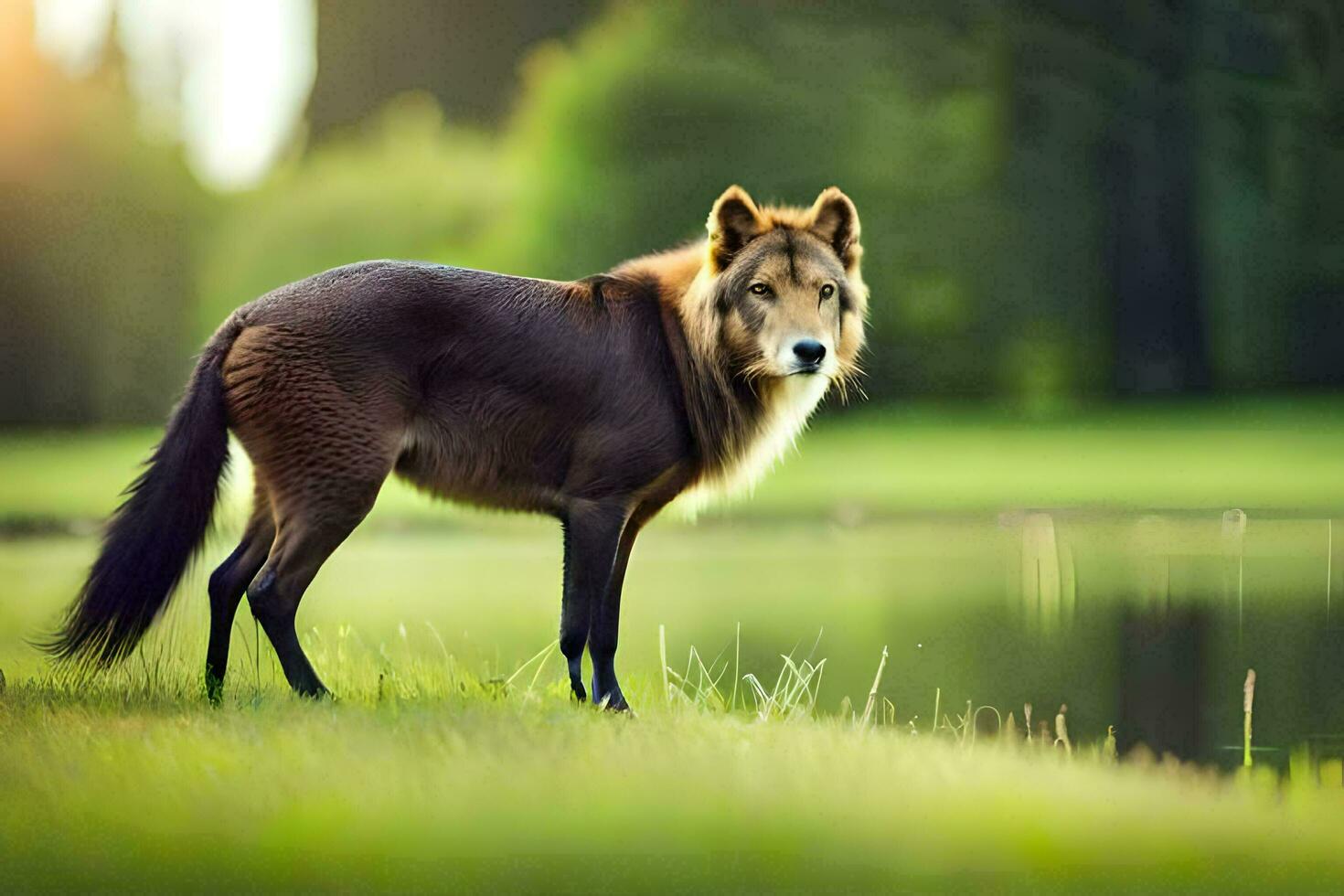 a wolf is standing in the grass near a lake. AI-Generated photo