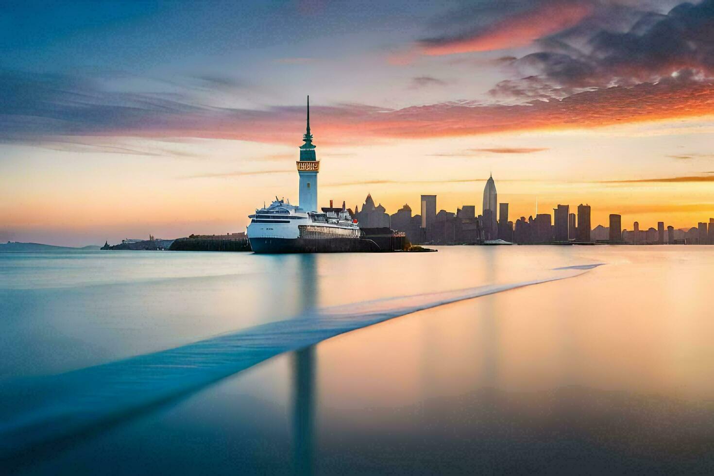 a boat is sailing in the ocean at sunset. AI-Generated photo