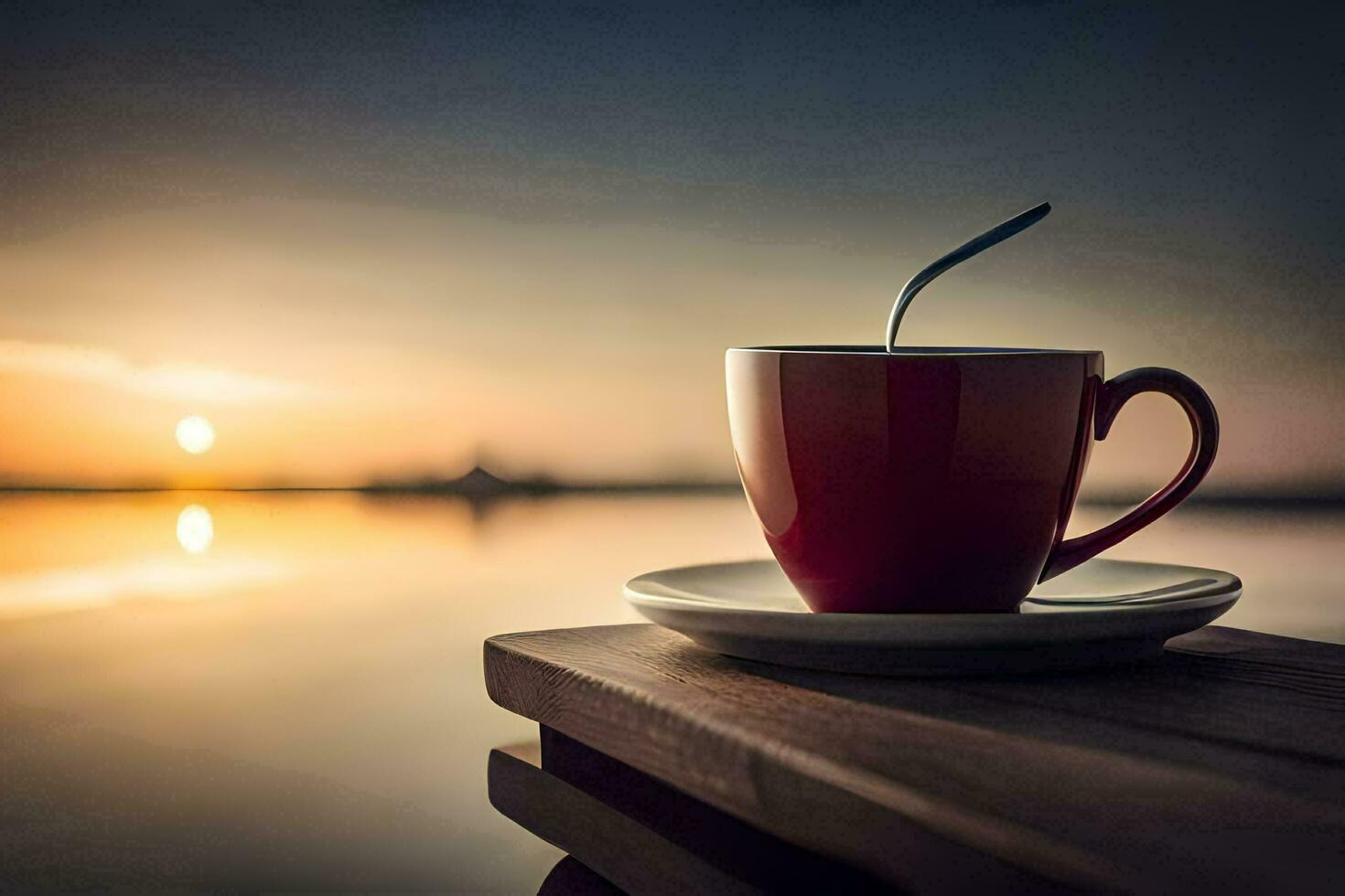a cup of coffee on a wooden table with a view of the sunset. AI-Generated photo